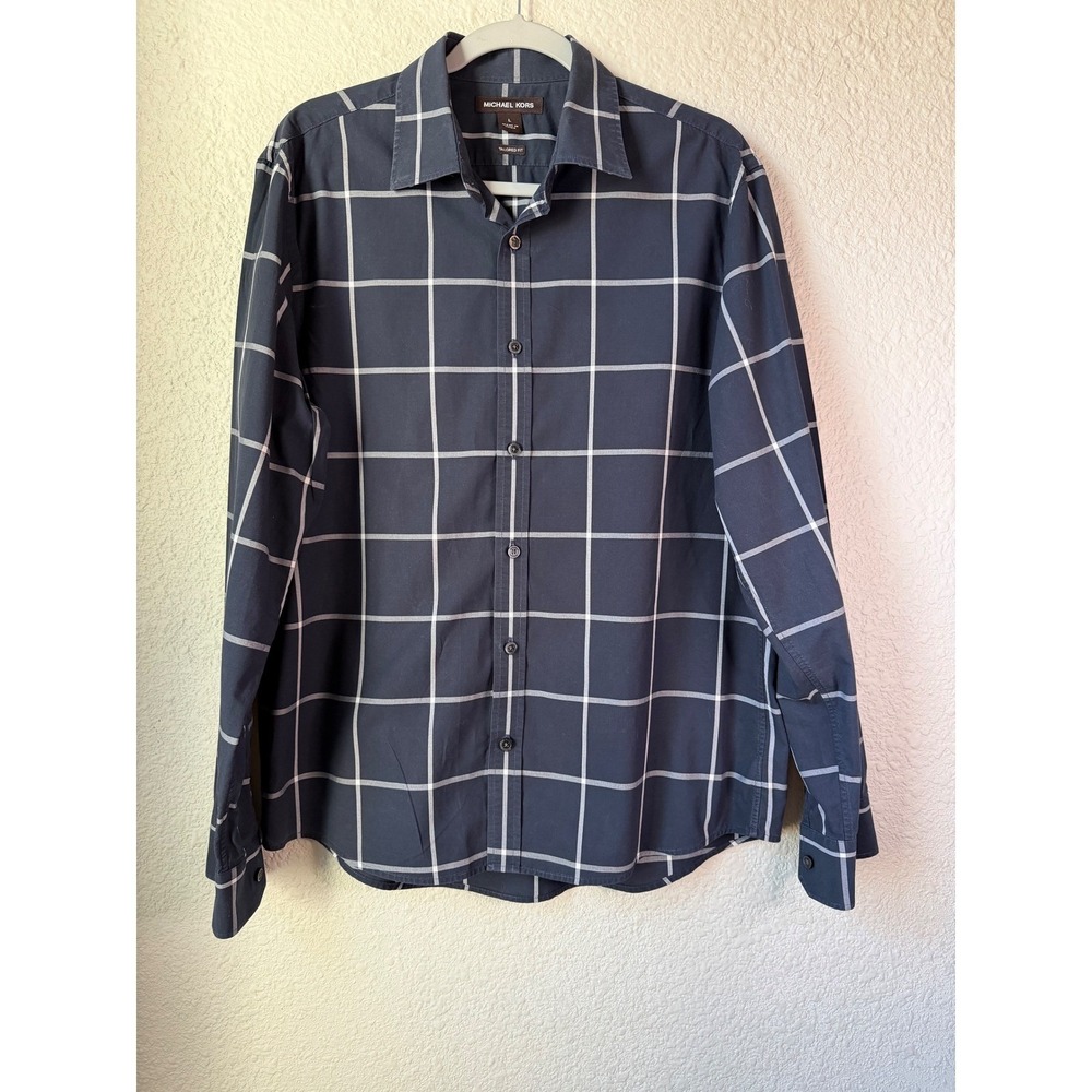 MICHAEL KORS Mens Tailored Fit Long Sleeve Button Down Black White‎ Grid Check